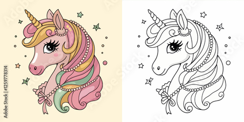 A charming, colorful illustration of a unicorn's head, adorned with pearls and a ribbon.
