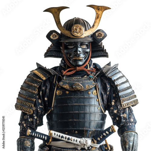 Samurai armor with helmet and katana displayed against a Transparent background, Samurai Armor with Helmet and Katana,