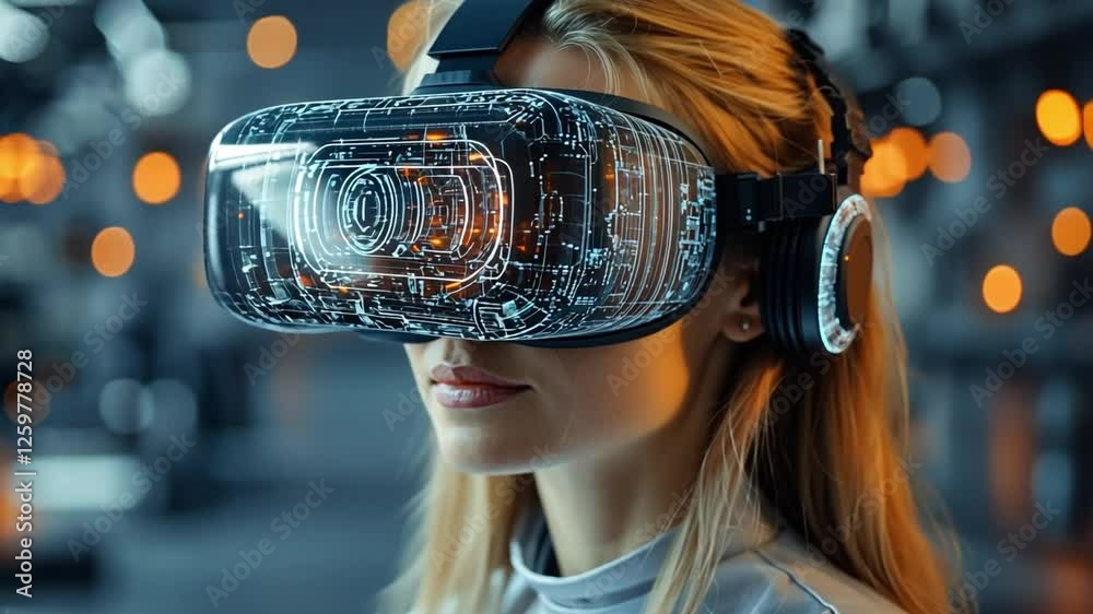Virtual Vision: A person, wearing a futuristic VR headset, explores an immersive digital world, embodying the cutting edge of technology and virtual reality.