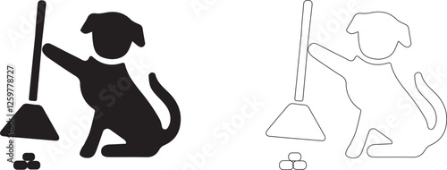 Clean up after the dog. Vector editable sign. Silhouette of a dog with a broom.