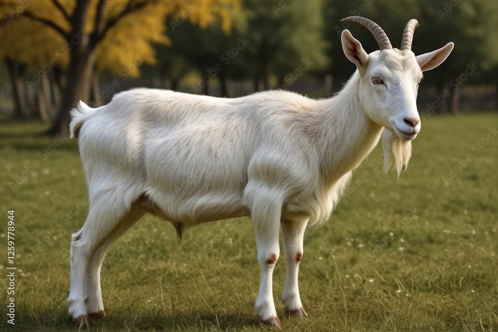 there is a goat that is standing in the grass