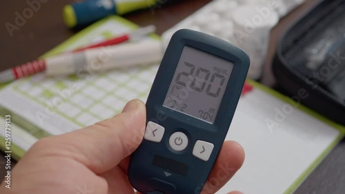 A person checks their blood sugar level using a glucometer, revealing a very high reading. The importance of monitoring glucose for diabetes management is highlighted.