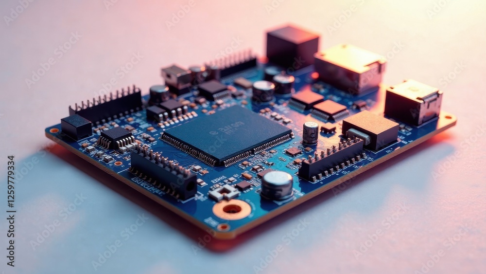 Close-up view of a sophisticated electronic circuit board, showcasing intricate technological components and connections under warm lighting Close-up view of a sophisticated electronic circuit board, showcasing intricate technological components and connections under warm lighting