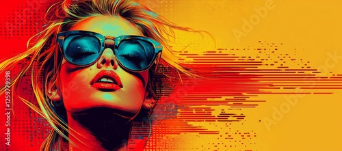 Woman sunglasses summer vibrant style, motion background