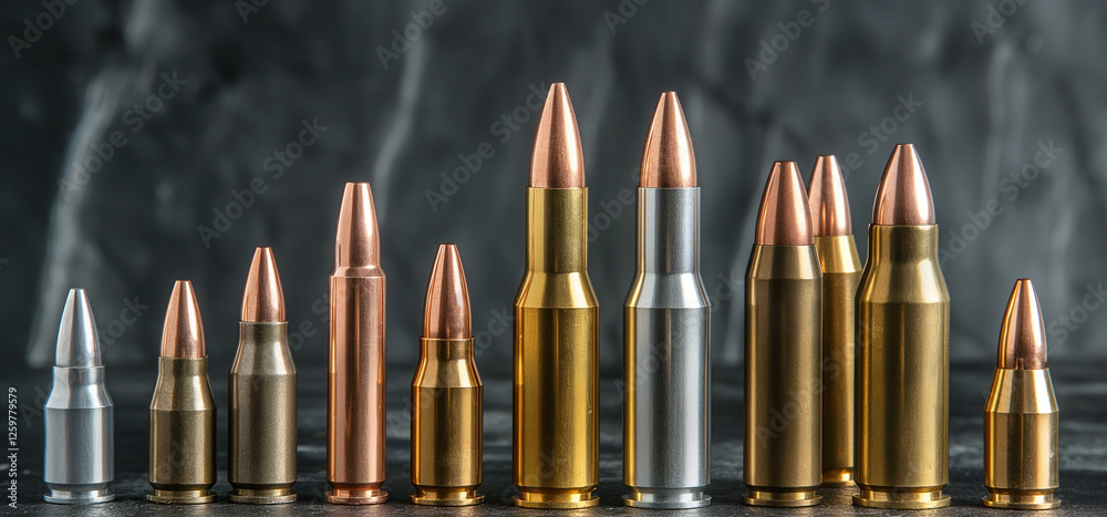 Various kind of bullets or ammonution on dark table. Bullet pile in war ammo background Various kind of bullets or ammonution on dark table. Bullet pile in war ammo background
