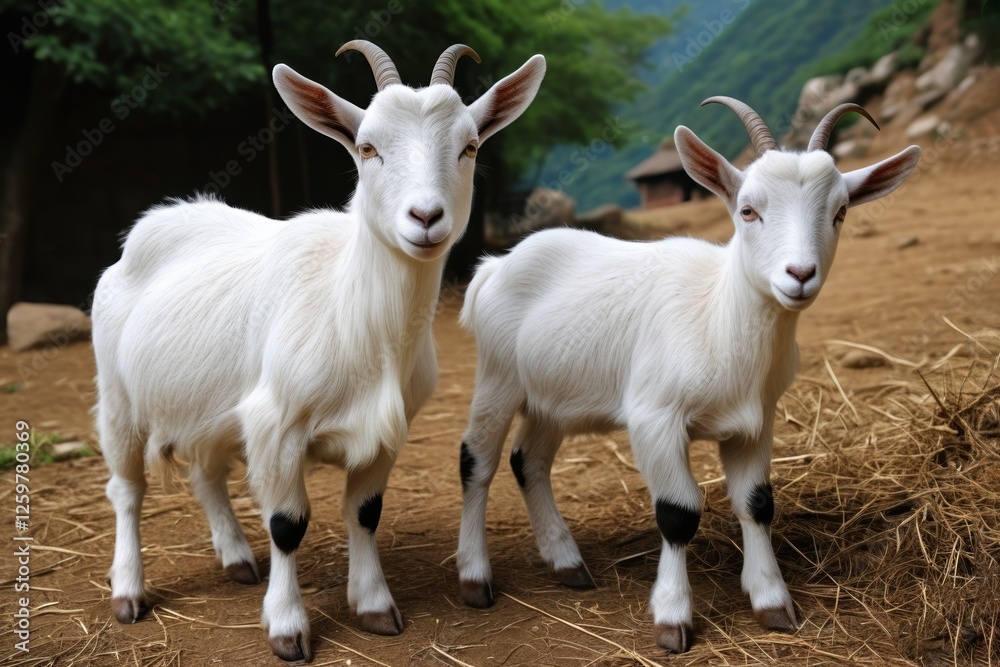there are two goats standing next to each other on a dirt field there are two goats standing next to each other on a dirt field