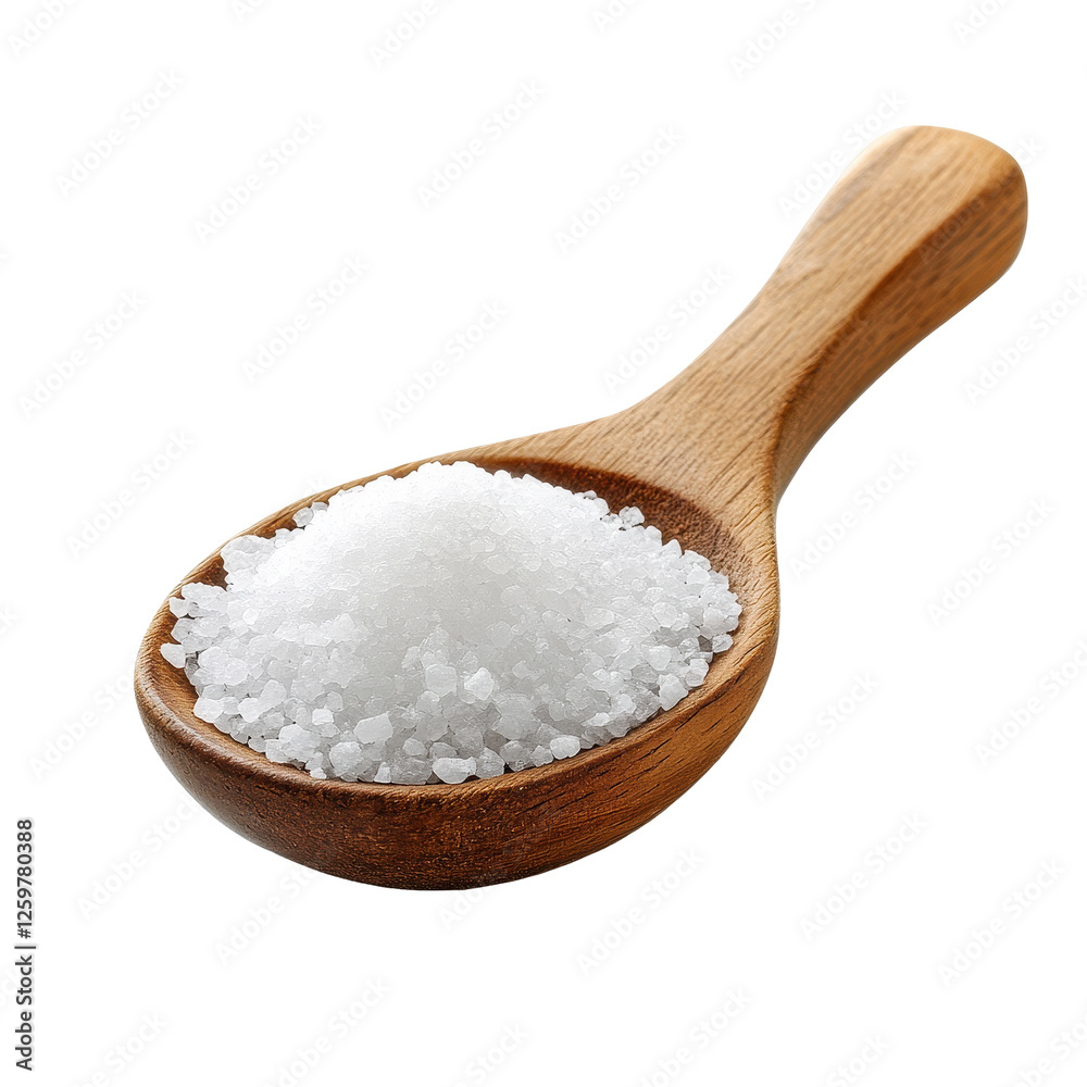 Wood spoon filled with coarse salt isolated against a clean Transparent background for culinary uses, salt in wood spoonisolated on PNG background Wood spoon filled with coarse salt isolated against a clean Transparent background for culinary uses, salt in wood spoonisolated on PNG background