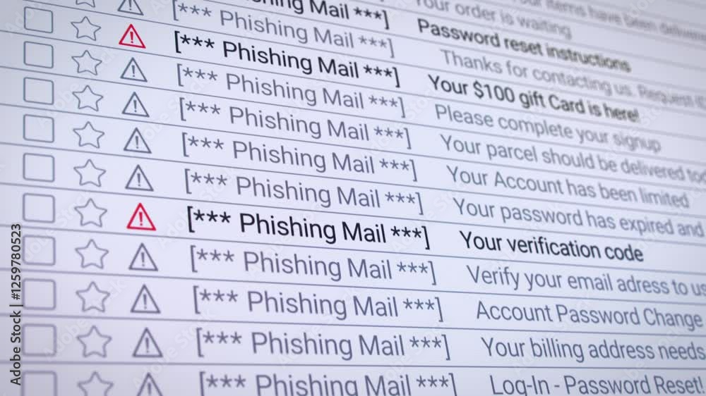 Video animation of a scrolling list in the internet browser with detected phishing emails - seamless loop in close-up.