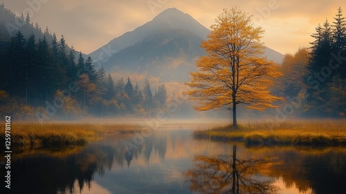 Golden autumn tree by mountain lake at dawn