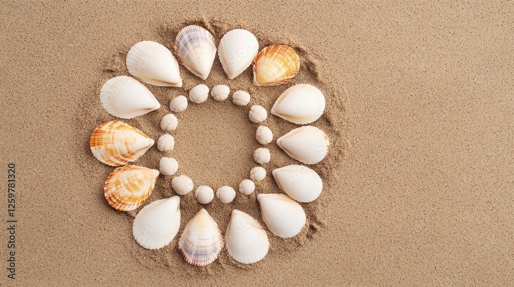 A beautiful arrangement of seashells forming a circular pattern on sandy beach, showcasing nature's artistry and coastal beauty. A beautiful arrangement of seashells forming a circular pattern on sandy beach, showcasing nature's artistry and coastal beauty.