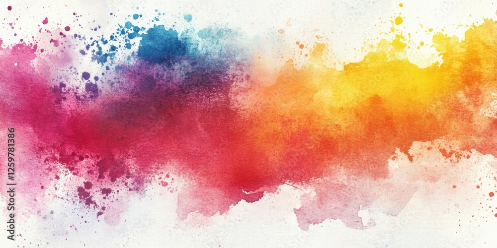 Fototapeta premium Colorful watercolor splash in vibrant hues of red, orange, yellow, blue and purple blending harmoniously on a soft white background.