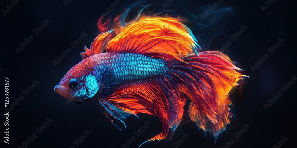 Fototapeta premium Vibrant betta fish swimming gracefully in dark water showcasing bright red and blue colors with flowing fins illuminated by low light ambience