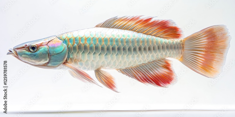 Fototapeta premium Vibrant arowana fish with iridescent scales displaying turquoise and red hues gliding against a white background showcasing detailed fins and body.