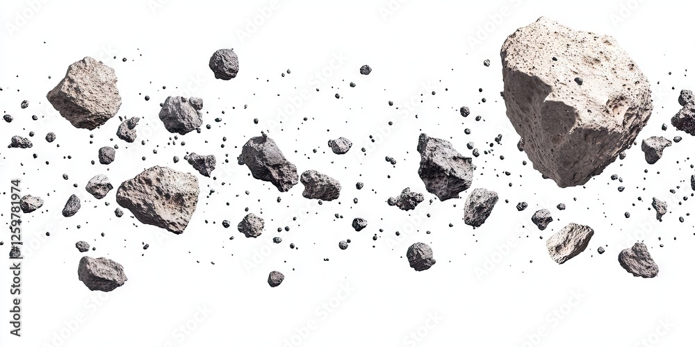 Scattered gray rocks and stones of varying sizes and shapes floating against a white background, creating a dynamic space scene with depth. Scattered gray rocks and stones of varying sizes and shapes floating against a white background, creating a dynamic space scene with depth.