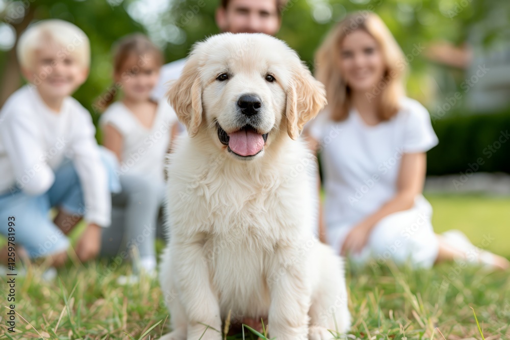 National Puppy Day. Golden retriever with happy family on a farm National Puppy Day. Golden retriever with happy family on a farm