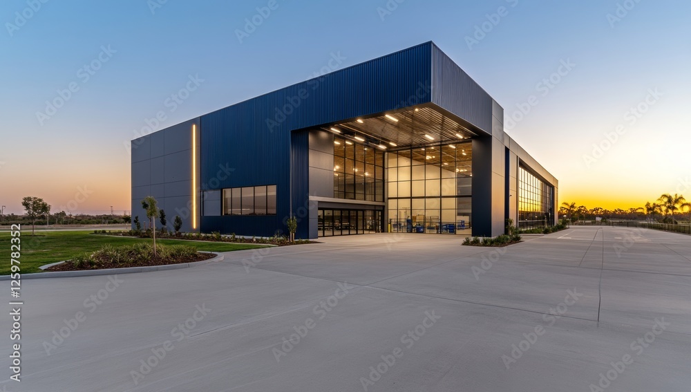 Obraz premium Modern Black Warehouse with Steel Doors at Sunset