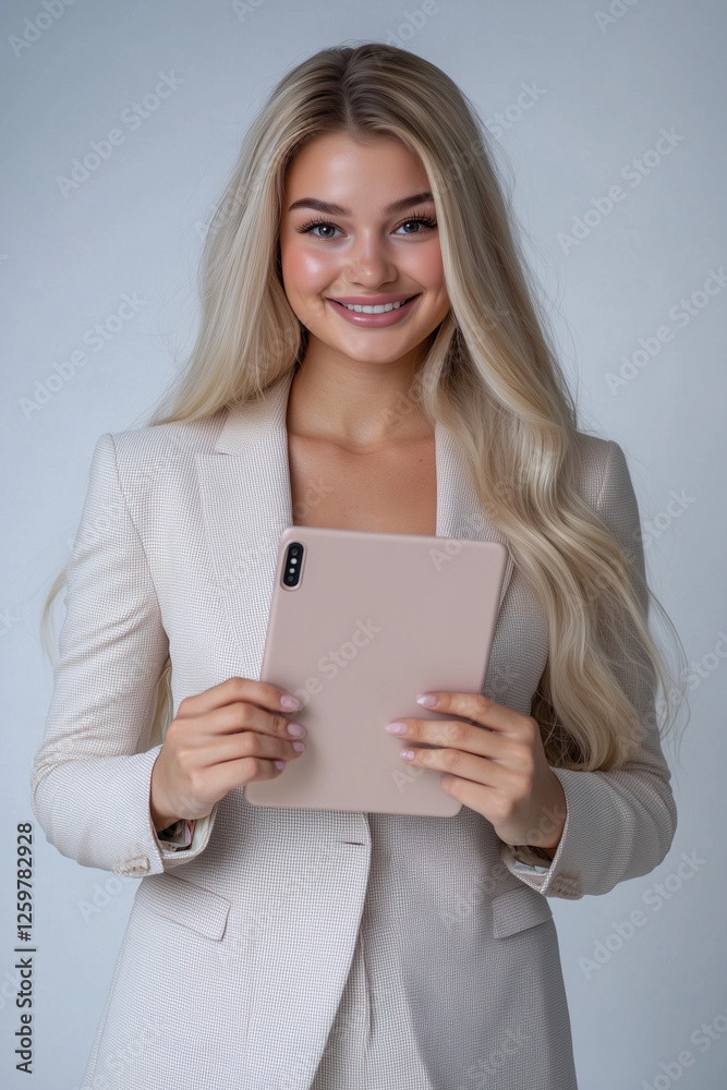 business woman holding tablet, marketing photography, happy to sell you a product, standing, smiling business woman holding tablet, marketing photography, happy to sell you a product, standing, smiling