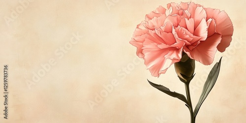 Pink carnation flower positioned left on soft beige background with ample space for text on the right side, elegant floral design ideal for banners.
