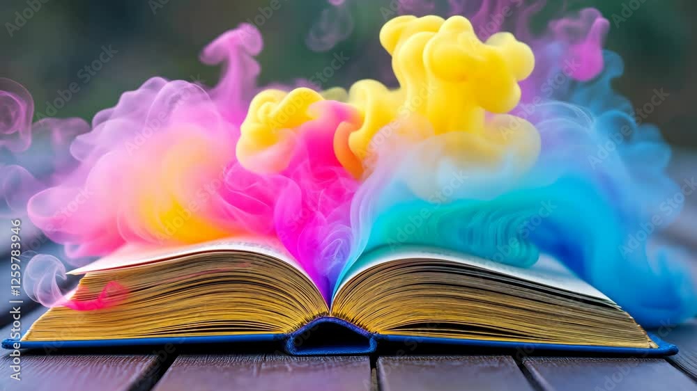 Book is open to a page with a colorful smoke effect. The smoke is coming out of the book and is in different colors. The book is on a wooden table
