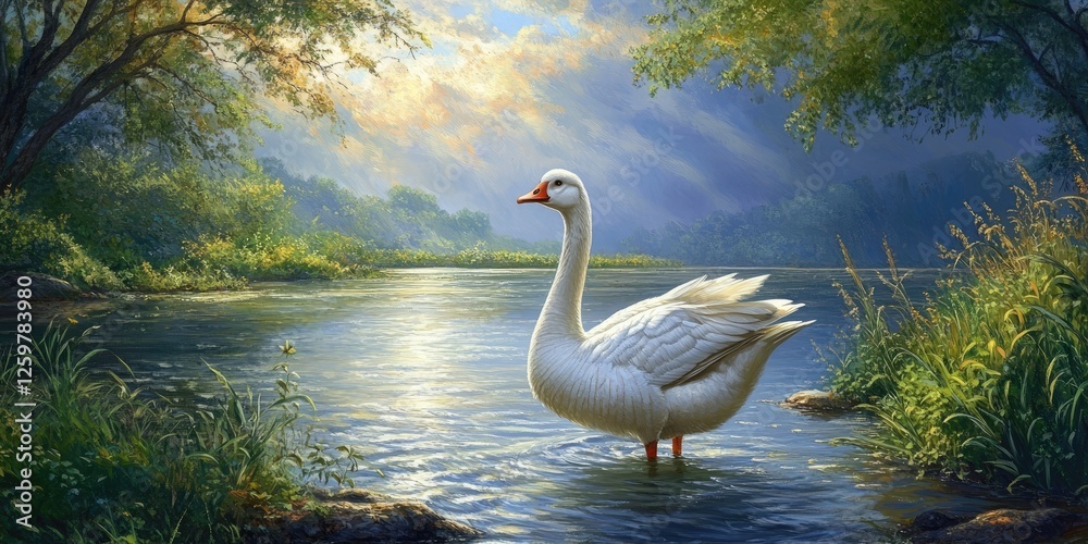 Fototapeta premium Majestic white swan standing gracefully in serene blue waters surrounded by lush greenery and sunlit clouds casting soft rays of light.