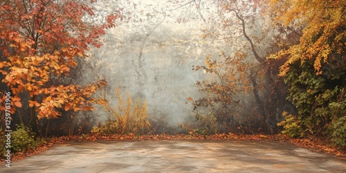 Serene autumnal landscape featuring vibrant orange and yellow foliage against a muted grey wall with a stone pathway in the foreground.