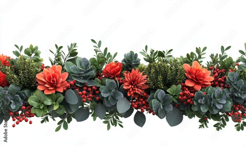 Fototapeta premium Festive floral garland; succulents, dahlias, berries; white background; holiday decor