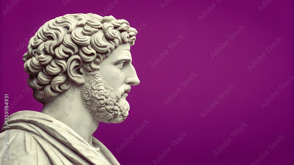 Ancient Greek bust in profile. Copy space. Vibrant purple background highlights neoclassical details. Ancient Greek bust in profile. Copy space. Vibrant purple background highlights neoclassical details.