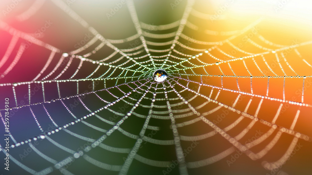 Naklejka premium macro shot of dewdrops on spider web reflecting colorful light