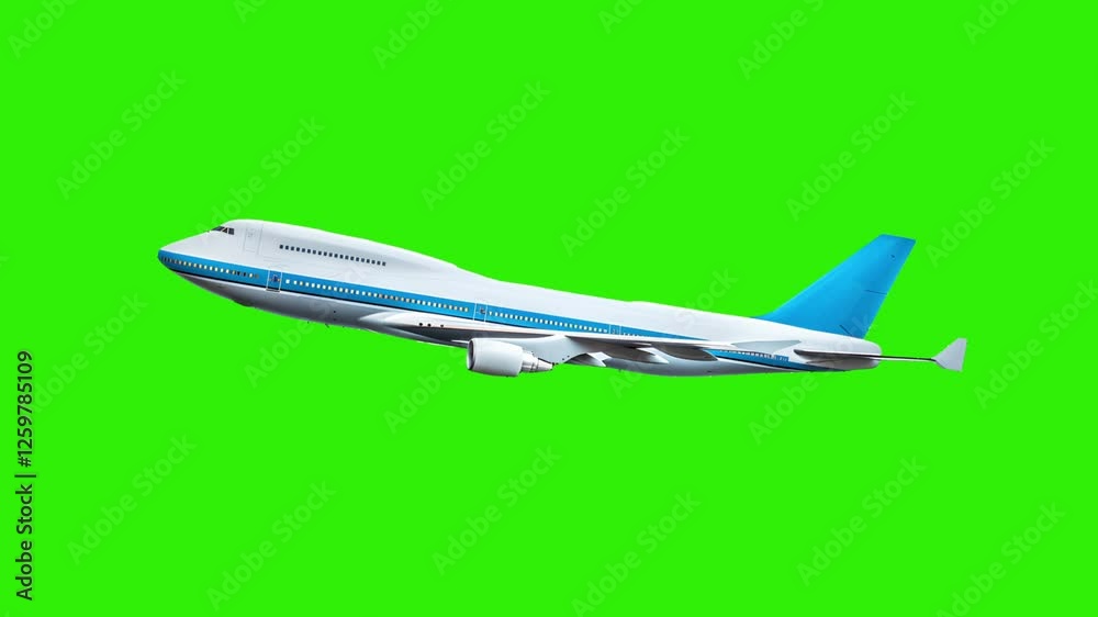 Airplane Taking Off Against Green Screen: A large passenger jet, predominantly white with blue accents, ascends gracefully against a vibrant green screen, ideal for chroma key compositing. Airplane Taking Off Against Green Screen: A large passenger jet, predominantly white with blue accents, ascends gracefully against a vibrant green screen, ideal for chroma key compositing.