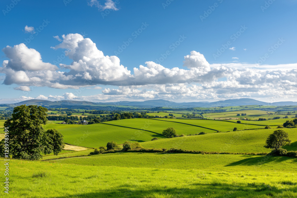 Fototapeta premium serene landscape with rolling green fields under blue sky with clouds