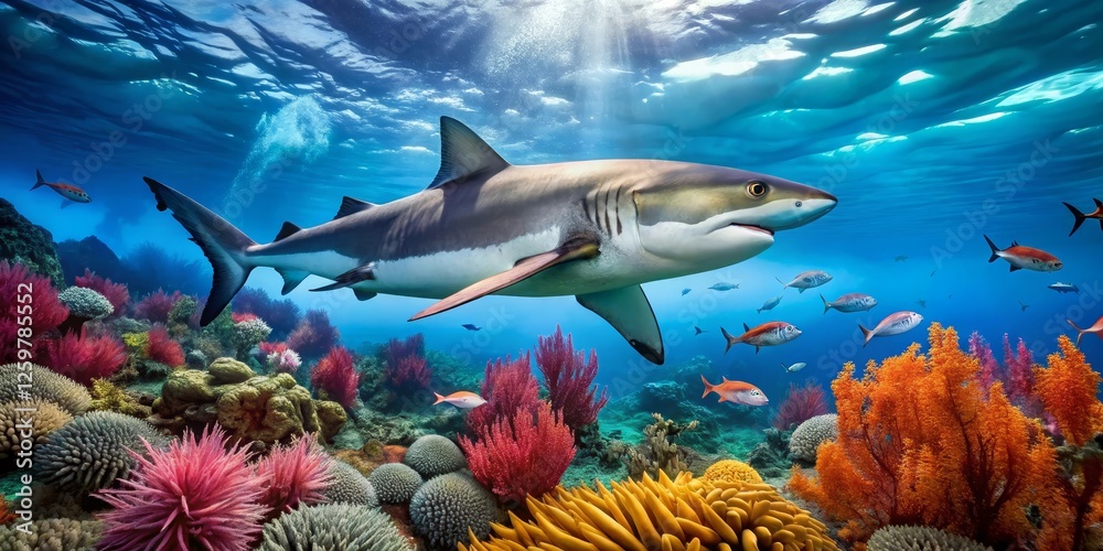 A Majestic Shark Gracefully Swims Above a Vibrant Underwater Reef Ecosystem, Surrounded by Colorful Coral and Diverse Marine Life A Majestic Shark Gracefully Swims Above a Vibrant Underwater Reef Ecosystem, Surrounded by Colorful Coral and Diverse Marine Life