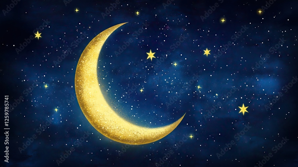 Naklejka premium Magical night sky with crescent moon with stars, perfect dreamy backdrop for illustrations and designs