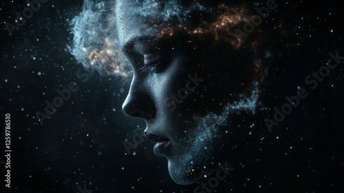 A cinematic photograph of the face of an woman, made of stardust, floating in space with stars and galaxies around her.