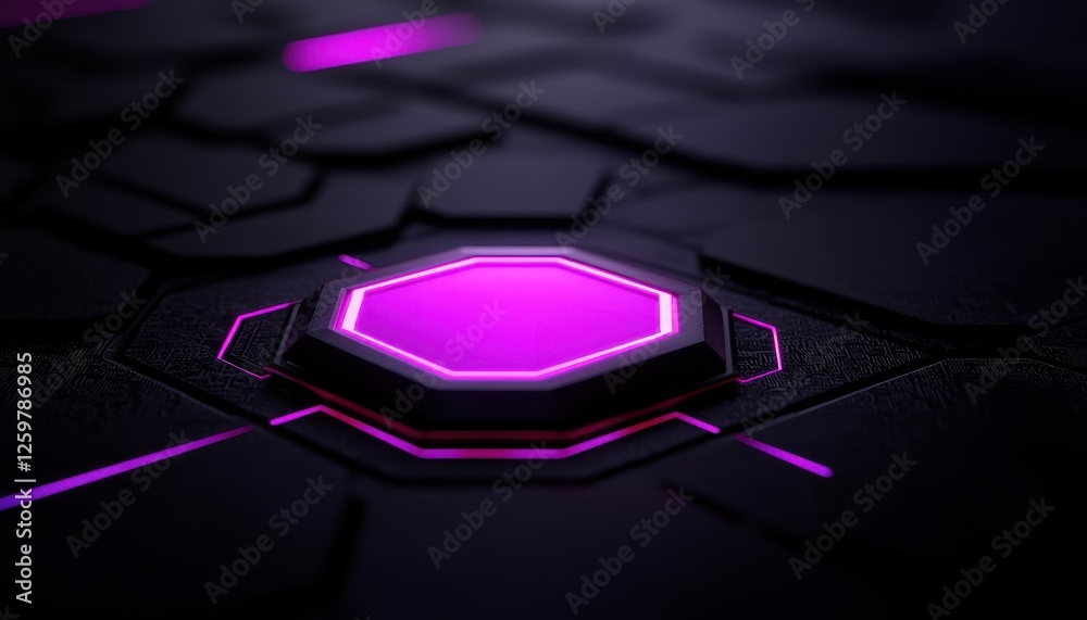 Fototapeta premium Futuristic hexagonal design with neon purple accents on a dark surface.