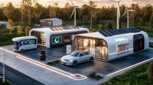 Futuristic Eco Friendly Renewable Energy Hub with Electric Vehicle Charging Stations in Modern Urban Landscape