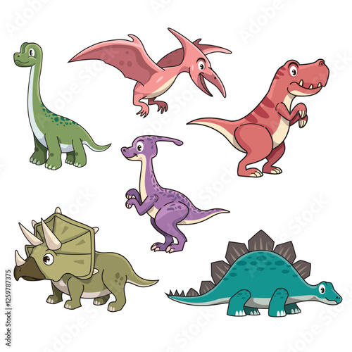 Bundling of dinosaur cartoon illustrations. T-rex, triceratops, stegosaurus, pteranodon, ornithopods, brontosaurus characters.

