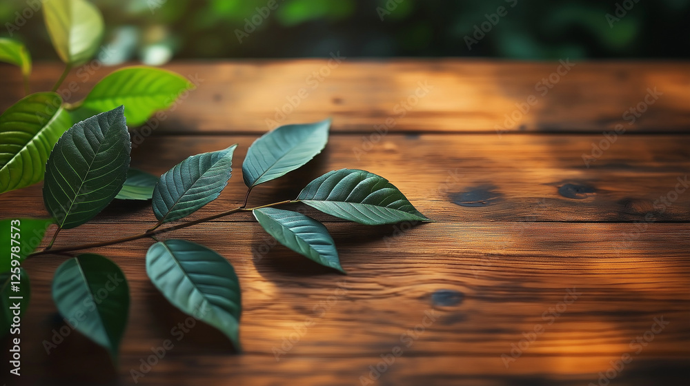 Obraz premium Enchanting moment at a rustic table, where lush leaves and warm light create a tranquil atmosphere for coffee lovers