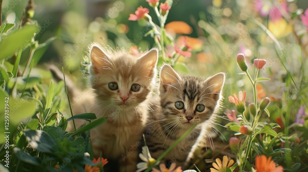 Little kittens are sitting in beautiful bright colors. A greeting card. Little kittens are sitting in beautiful bright colors. A greeting card.