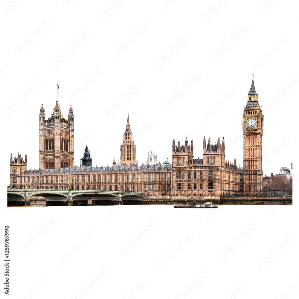 Obraz premium Iconic view of Big Ben and the Houses of Parliament along the River Thames in London during daylight, The iconic Big Ben and the Houses Parliament in London, Transparent background