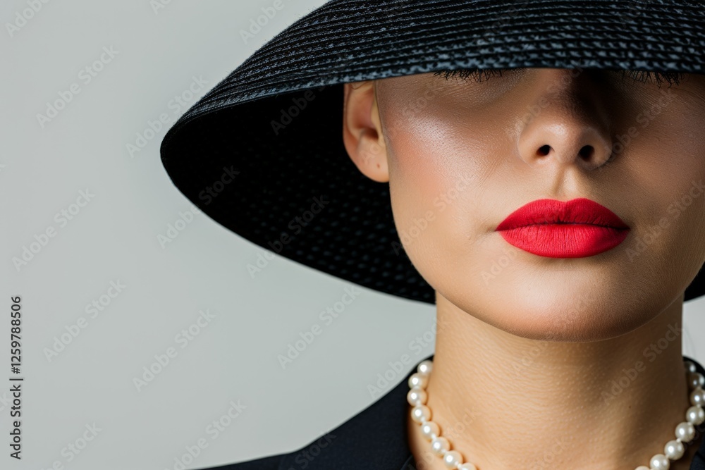 Wear A Hat Day.A stylish woman wearing a black hat and red lipstick, exuding elegance and mystery. Wear A Hat Day.A stylish woman wearing a black hat and red lipstick, exuding elegance and mystery.
