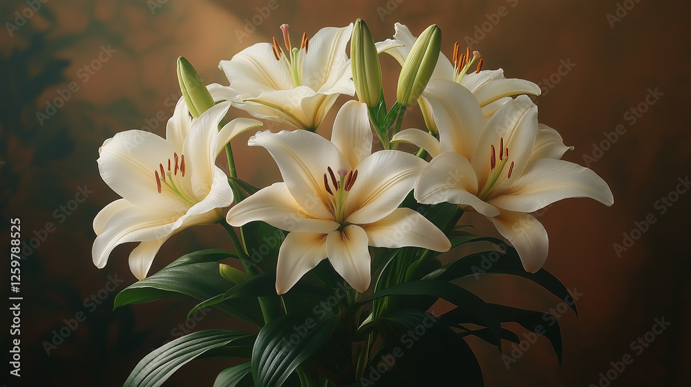 Elegance of white lilies gracefully blooming in serene light, showcasing nature's beauty in a tranquil setting Elegance of white lilies gracefully blooming in serene light, showcasing nature's beauty in a tranquil setting