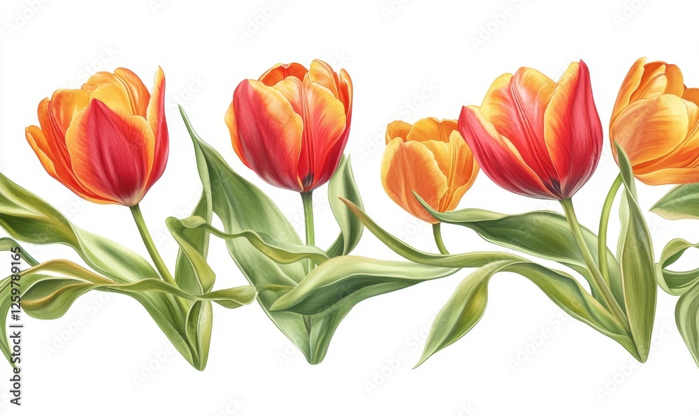 Fototapeta premium Orange-red tulips border, floral spring design, white background, website banner