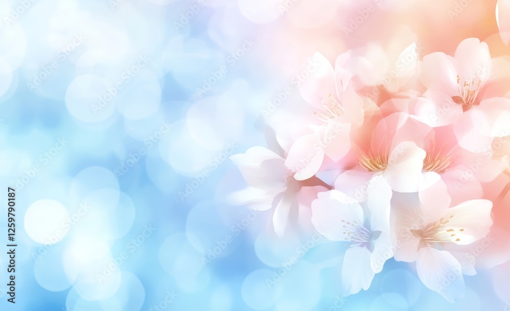 Blooming Tree Branch in Pastel Blue and Pink with Flowers in the Air, Soft Focus Spring Nature Background Blooming Tree Branch in Pastel Blue and Pink with Flowers in the Air, Soft Focus Spring Nature Background