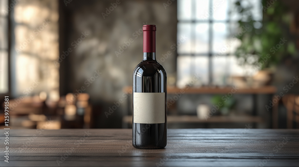 Fototapeta premium Elegant red wine bottle poised on rustic wooden table against a softly lit café backdrop, inviting moments of indulgence and celebration