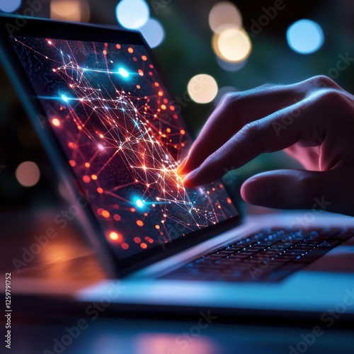 Businessman hand using laptop with creative crypto blockchain hologram on blurred background Blockchain network and technology concept photo