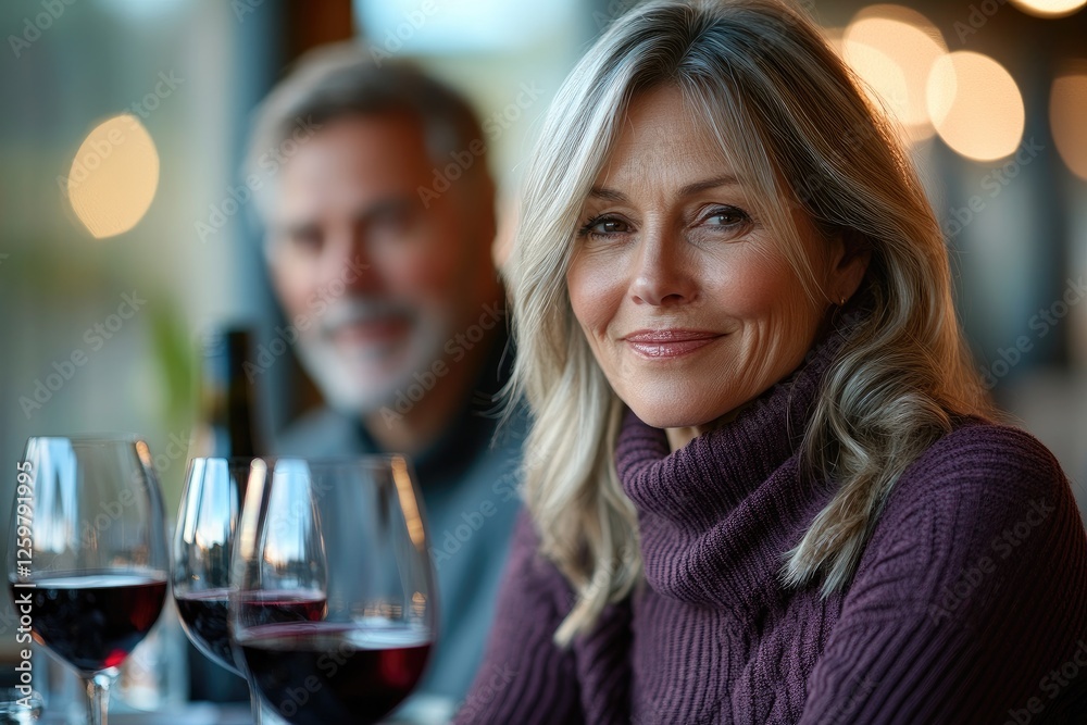 Elegant mature woman smiling at restaurant with wine glasses and partner in background Elegant mature woman smiling at restaurant with wine glasses and partner in background