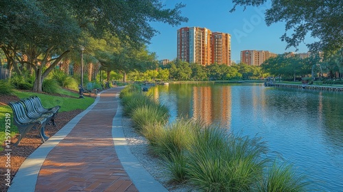 Waterfront park path, city skyline, sunny morning, leisure stroll