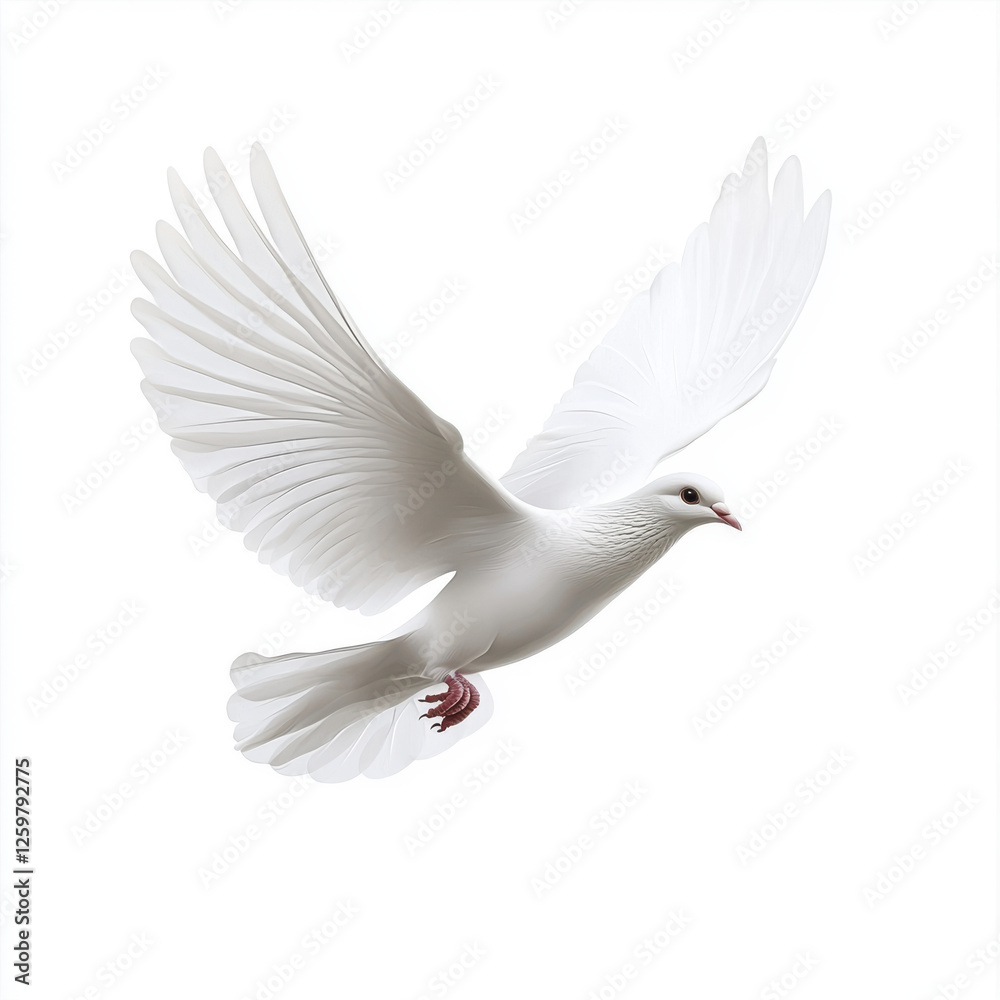 Obraz premium white dove flying gracefully with open wings against white background symbolizes peace and freedom. Its elegant posture and soft feathers evoke sense of tranquility and hope