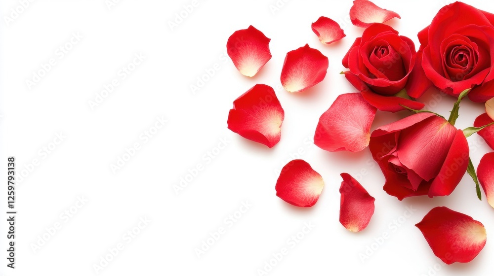 Beautiful Arrangement of Red Roses and Petals on a White Background for Romantic Occasions Beautiful Arrangement of Red Roses and Petals on a White Background for Romantic Occasions