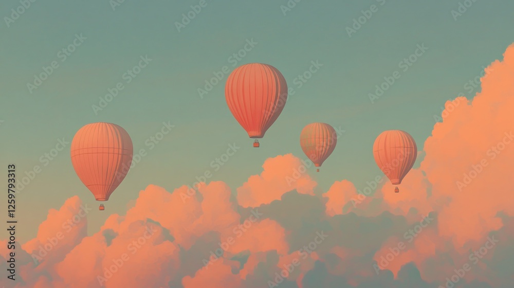 Obraz premium Four hot air balloons soar above sunset cloudscape
